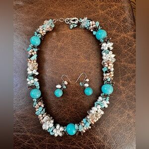 Vintage Turquoise freshwater pearls Necklace with 925 silver pierced Earring